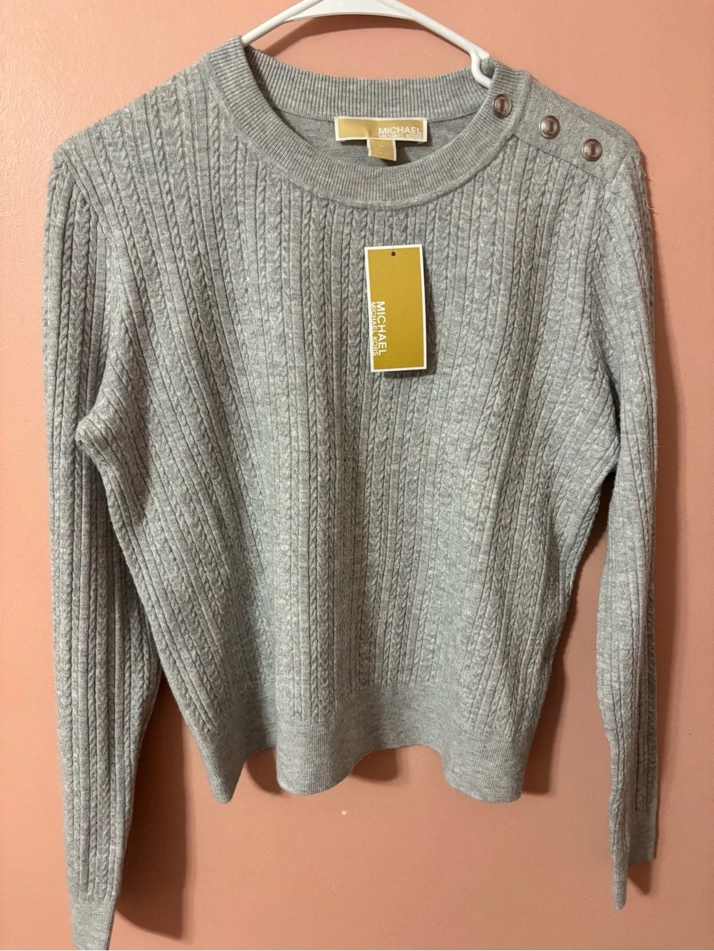 Michael Kors Heather Gray Cable Knit Crewneck Sweater with Shoulder Buttons